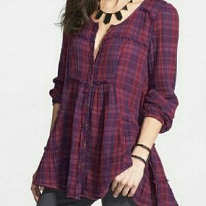 Free People Whistle While You Work plaid gauze button up swingy babydoll top